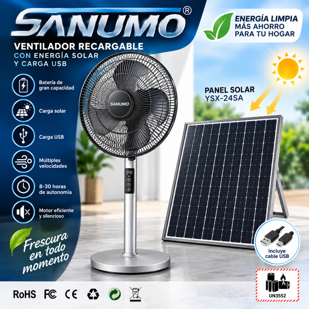 Ventilador de Pedestal Recargable SANUMO con Carga Solar y USB.
