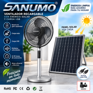 Ventilador de Pedestal Recargable SANUMO con Carga Solar y USB.