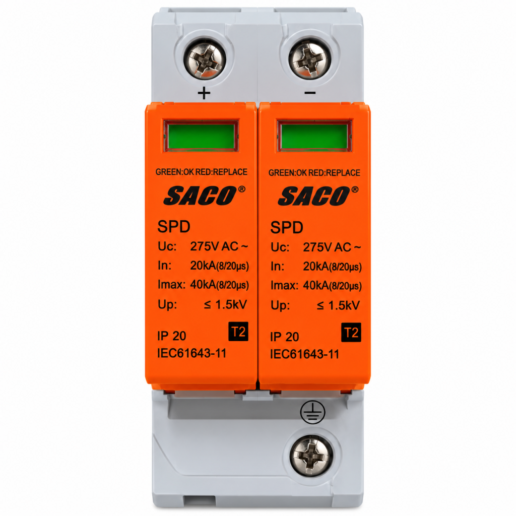 Protector contra Sobretensiones SACO SPD 275V AC – 40kA, Tipo 2 (T2)