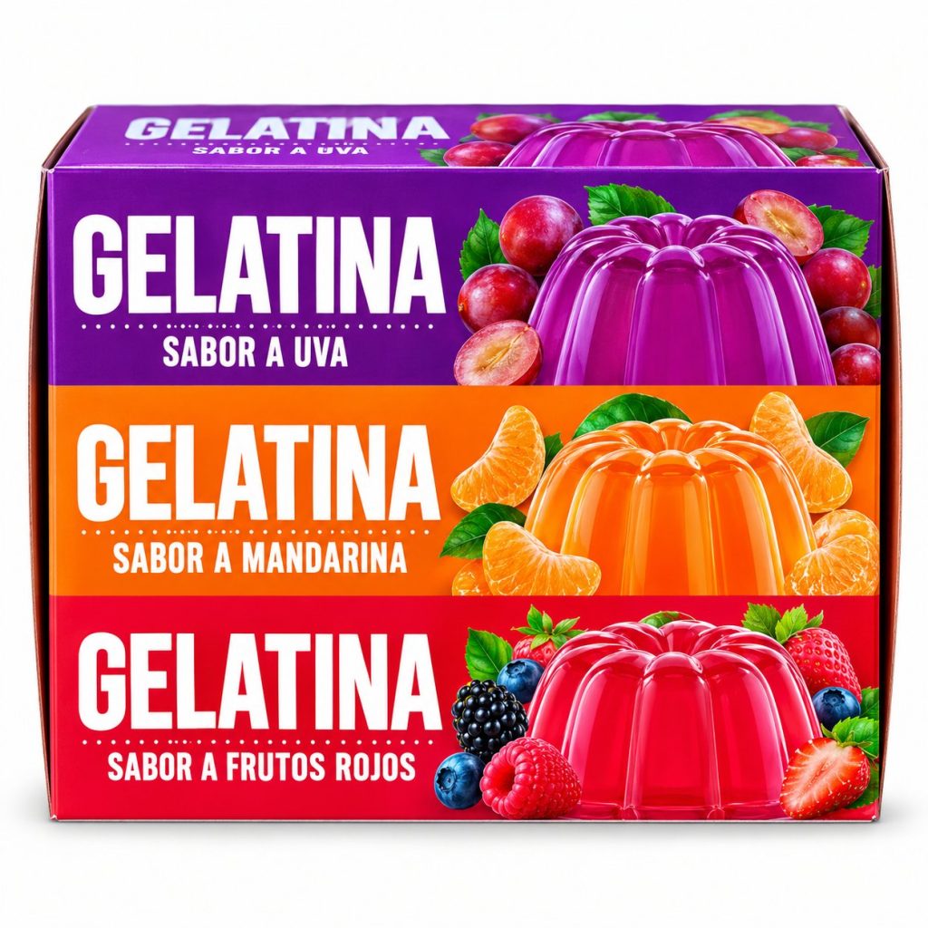 Gelatina Surtida 3 Sabores – Uva, Mandarina y Frutos Rojos