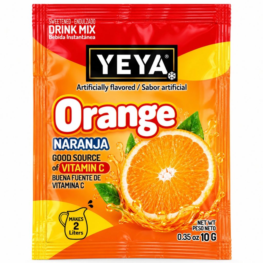 Refresco Instantáneo YEYA Sabor Naranja – Sobre de 10 g (Rinde 2 litros)