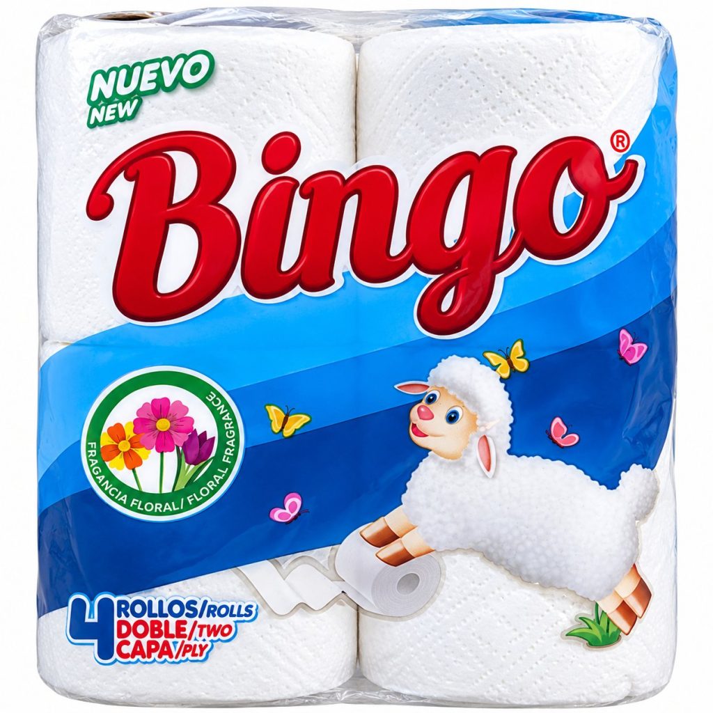 Papel higiénico · Bingo · Doble capa, fragancia floral – Paquete de 4 rollos