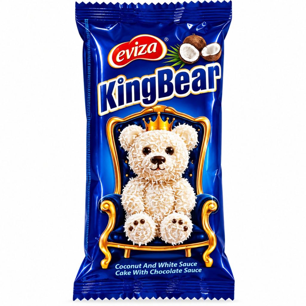 Bizcocho de coco · Eviza · King Bear, con crema blanca y salsa de chocolate