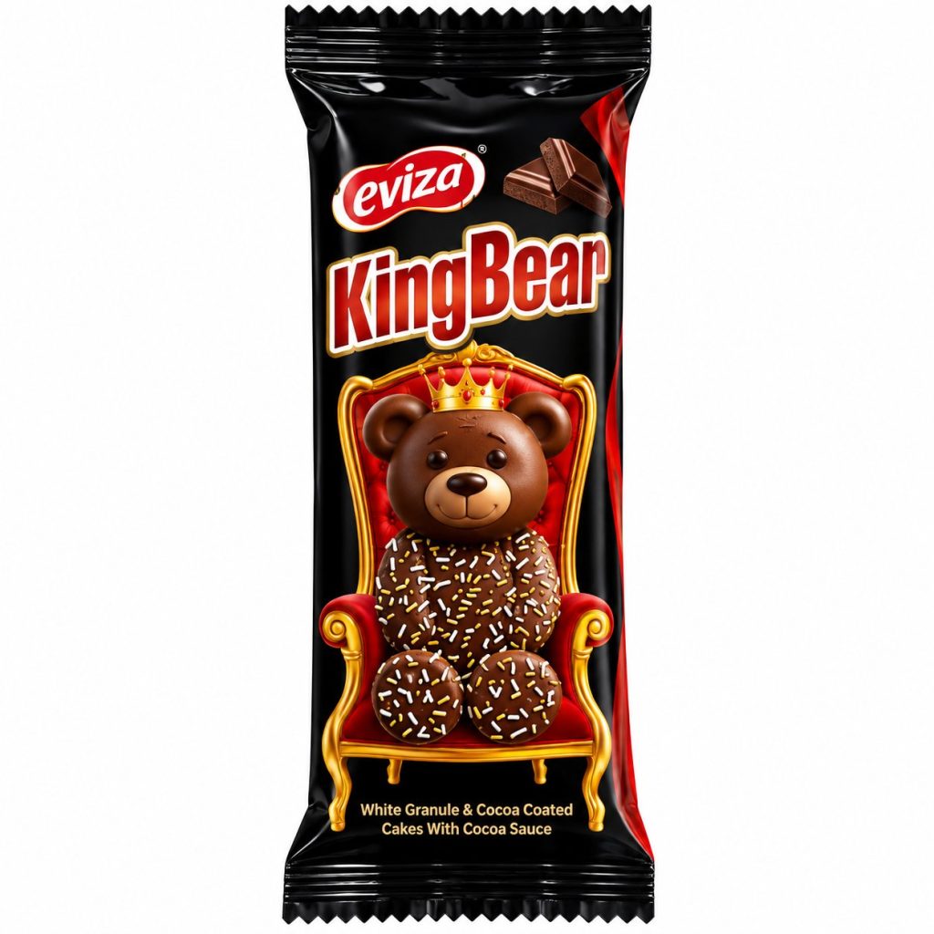 Bizcocho cubierto de cacao · Eviza · KingBear con salsa de cacao y granillo blanco