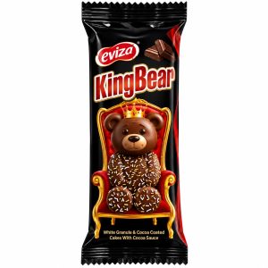 Bizcocho cubierto de cacao · Eviza · KingBear con salsa de cacao y granillo blanco