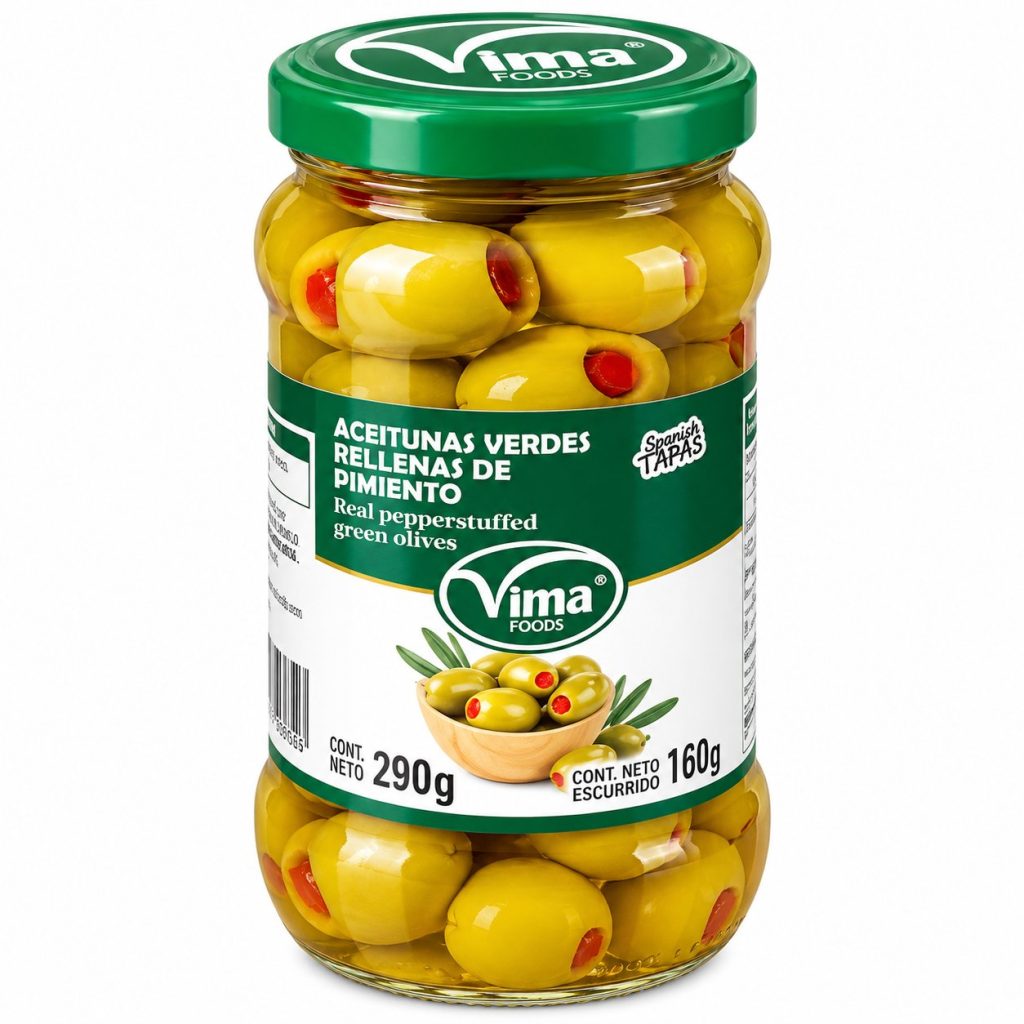 Aceitunas verdes rellenas de pimiento · Vima Foods · Rellenas de pimiento – 290 g