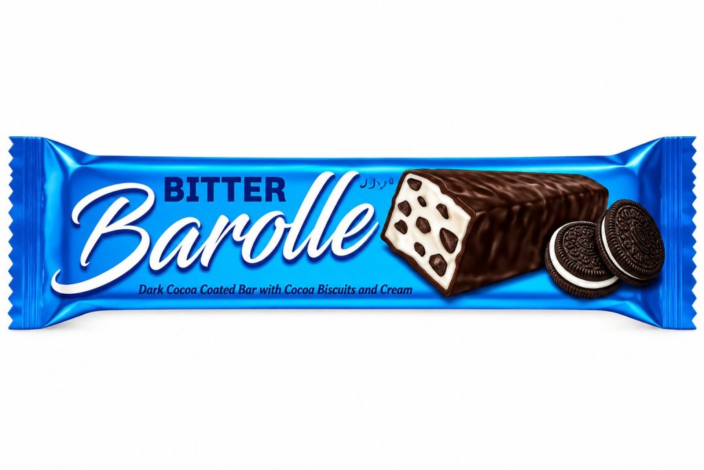Barra cubierta de cacao · Barolle · Bitter, con galletas de cacao y crema