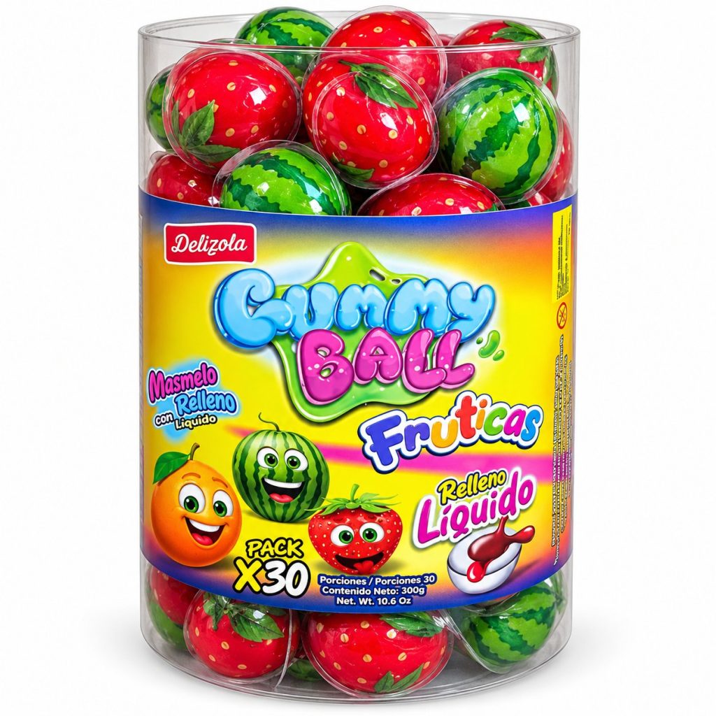 Masmelos rellenos · Delizola · Gummy Ball Fruticas, relleno líquido – Pote de 30 unidades (300 g)